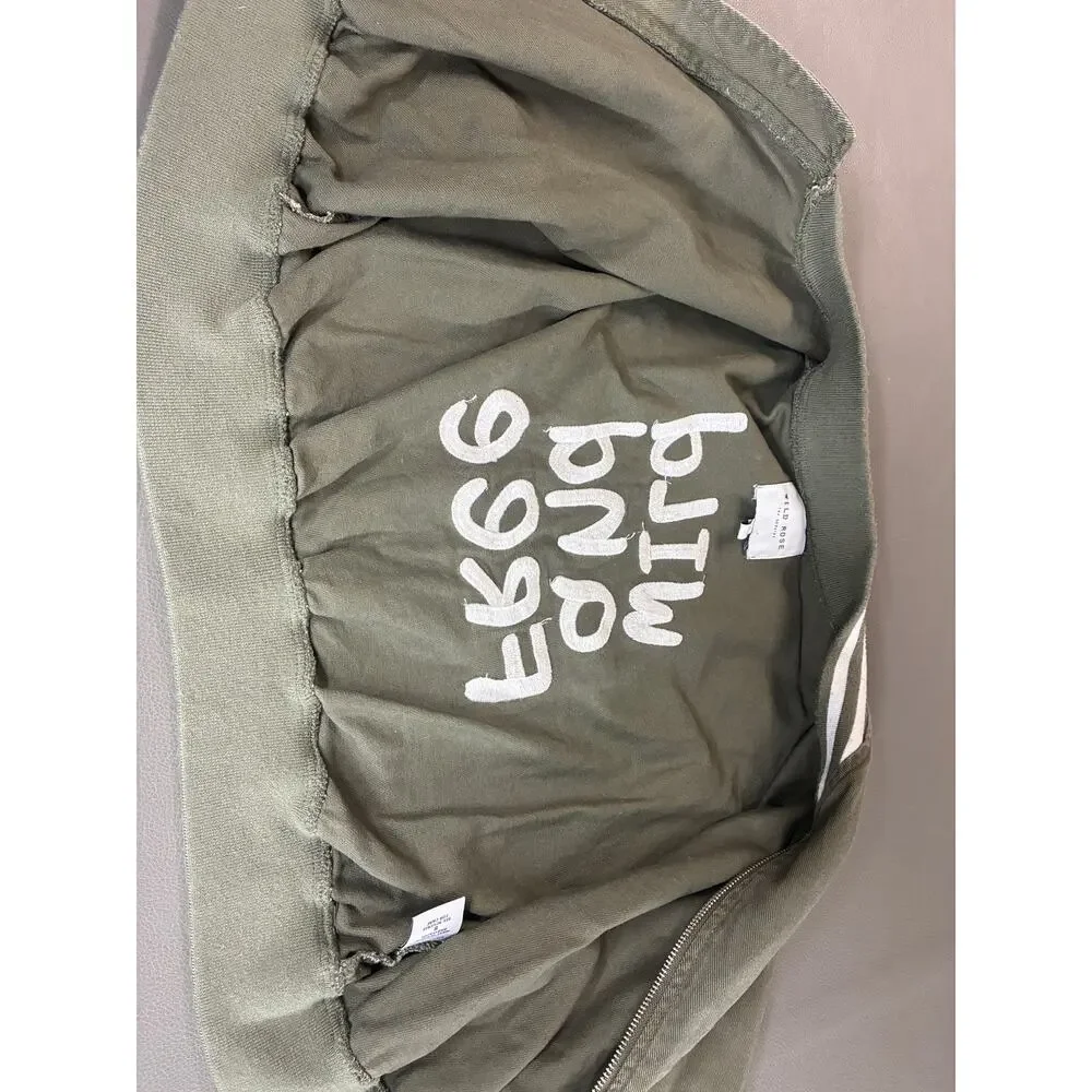 Wild Rose Los Angeles Cropped Bomber Jacket Green Zip Front Embroidered Small
